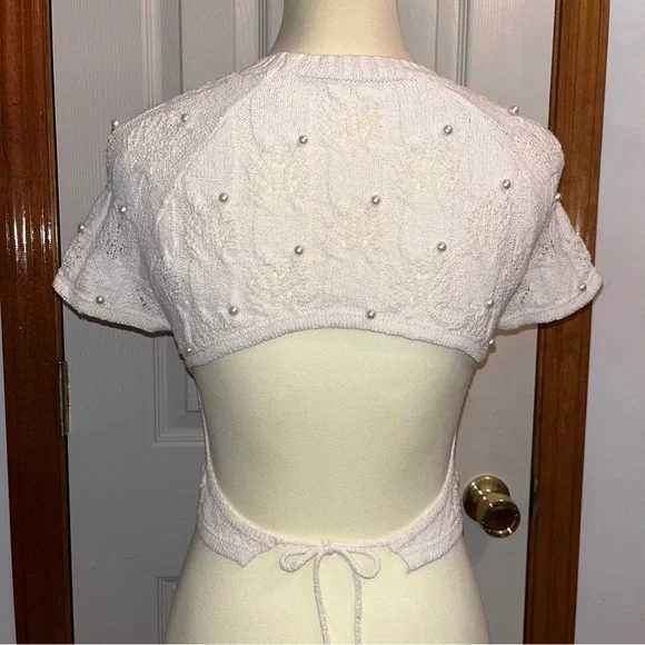 Zara Open Back Pearl Embellished Knit Crop Short Sleeve Top - Picture 2 of 11